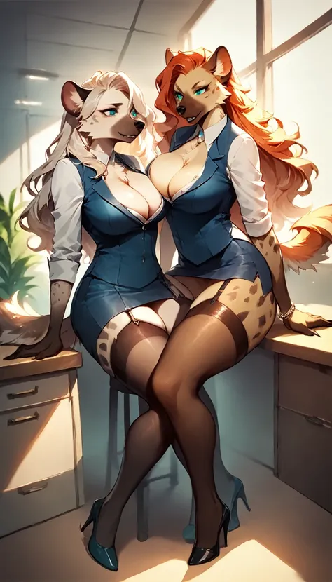 score_9, score_8_up, score_7_up, score_6_up, score_5_up, score_4_up, (two girls sitting on top of other), female anthro hyena, secretary clothes, skirt, high heels, lusty, fluffy body, long blond hair, turquoise eyes, (thick thighs:1.5)((( offering the bre...