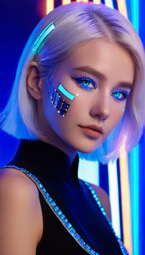 Woman with half robot face with blue neon lights, white  hair, head full of diamonds 