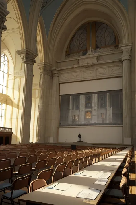 large auditorium full of architects attending a lecture and class on architectural sketches. Show a blond man, bald and with the physique of an Italian giving a lecture and showing an architecture sketch as an example. Speaker near students. Place full of ...