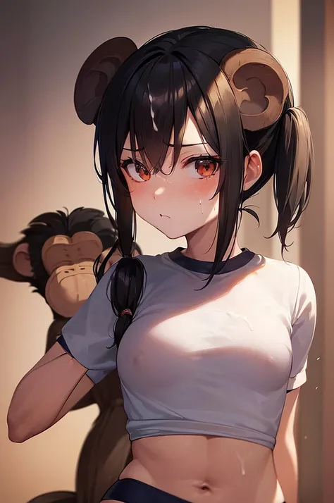 masterpiece, best quality,anime style, 1 girl,(((slender body))), (((small eyes,small breast))),(((gym uniform))),(((((3 monkey grabbing the girl))))),((((cum facial)))), (beautiful face), (((short twintail))), (((straight hair))), ((((black hair)))),detai...