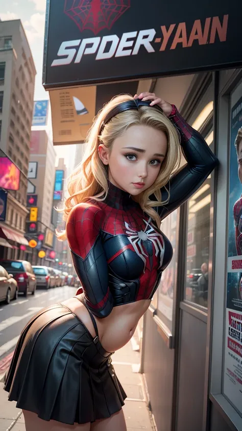 Hayden Panettiere、マーベルコミックの映画Poster、so beautiful、Movies about Spider-Man、sexy、whole body、Wearing a skirt、Premiere Date、Poster、belly buttonを突き出す、new york、She&#39;s wearing a ripped Spiderman suit、The suit is torn、Wearing a skirt、Red and black color scheme、d...