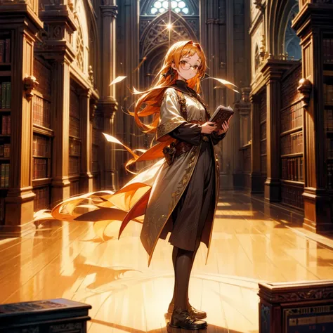 1girl, Full body version, 1character, girl version, almond eyes, long haircut, orange colour hair, sad eyes, glasses, medieval style clothing, gold book in hand, background in indoor Library castle, motion blur, (Hunter x Hunter style art), standing gestur...