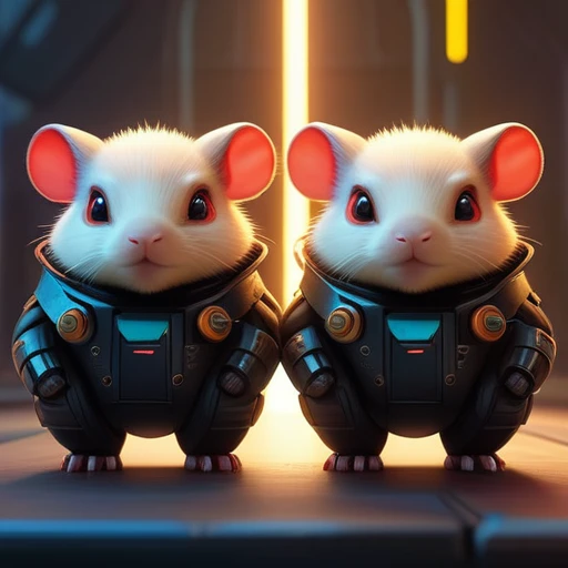 ASCIImasterpiece cartoon of two (((cyberpunk))) cute capybaras  with guns, bionic (prosthetic arm), glowing red eyes, ((futuristic, dystopian, neon colours)), symmetrical, highly detailed, digital painting, artstation, concept art, sharp focus, illustratio...