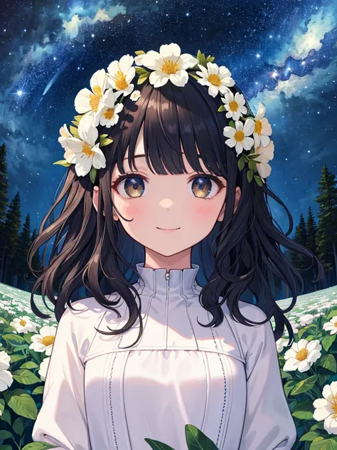 (masterpiece),(top-quality),(ultra-detailed),(high resolution),(in 8K animation),(beautifull detailed face),(beatiful detailed eyes),(anatomically correct),(Keep your head small),1girl,black hair,wavy hair,(round big eyes),blunt bangs,[violet eyes:(gold ey...