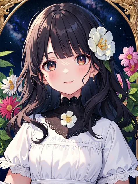 (masterpiece),(top-quality),(ultra-detailed),(high resolution),(in 8K animation),(beautifull detailed face),(beatiful detailed eyes),(anatomically correct),(Keep your head small),1girl,black hair,wavy hair,(round big eyes),blunt bangs,[violet eyes:(gold ey...