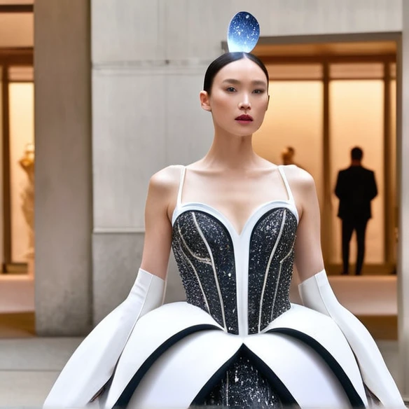 Imagine a swan in a space dress at the Met Gala with the space theme on the swan