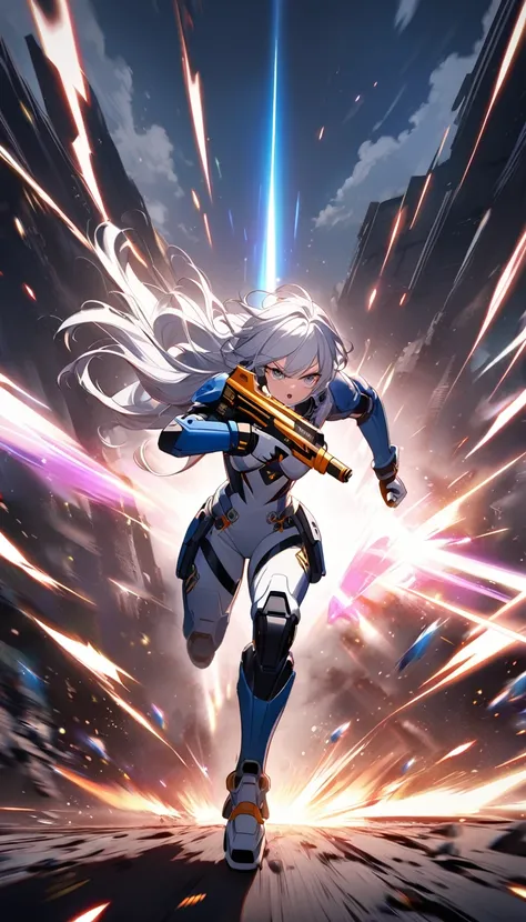 sci-fi fantasy style, hightech starlight, a white wolf wearing a power suit, firing a plasma pistol, running across a battlefield, furious expression, dynamic light, cinematic BG, high detail, intricate design