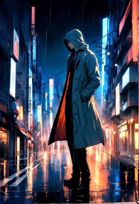 1 boy,night city,rain,coat,hands in pockets