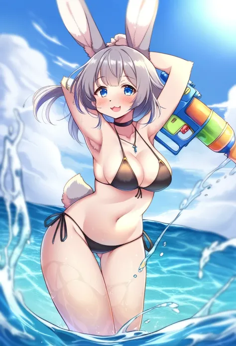 ((Masterpiece)), ((Best Quality)), (Very Detailed), ((Very Detailed)), 4K, (8K), very aesthetic, absurdres highres, 1girl, (anthropomorphic rabbit, furry, kemono:1.5), breasts, swimsuit, bikini, solo, grey hair, black bikini, (water gun:1.8), navel, choker...