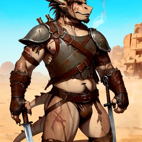 Solo Sexy young anthro scalie dragon male mercenary medieval solider, slim endomorph muscular, anthro handsome gay shorter muzzle, handsome gay model male apperance, sword scars, worn out leather skimpy armament, low on hips heavy leather belt, old very wo...