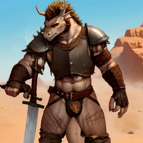 Solo Sexy young anthro scalie dragon male mercenary medieval solider, slim endomorph muscular, anthro handsome gay shorter muzzle, handsome gay model male apperance, sword scars, worn out leather skimpy armament, low on hips heavy leather belt, old very wo...