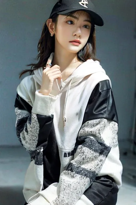 highest quality、masterpiece、high sensitivity、high resolution、detailed description、slender women、slim body、glasses、hoodie、basebal...