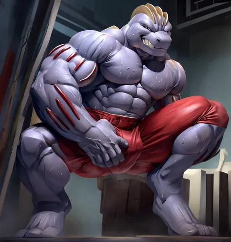 Machoke (Pokemon), Male machoke, spreading legs, looking at crotch, clenched teeth, red spandex pants, sweaty, squatting, hands on crotch, covering groin, grabbing crotch.