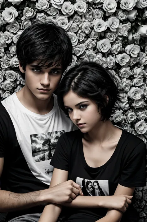 Black and white book cover Young couple in a paradise of black roses Black-eyed boy,dark messy hair and white t-shirt.

short hair girl, brunette and NEON GRAY EYES