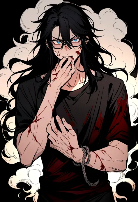 1 guy, blue eyes, black hair, wears glasses, a lot of scars on his face, long hair disheveled, male build, looks at the viewer, cigarette in his mouth, angry face, rage, smoke, dressed in a black T-shirt, chains on his hands, black pants, black background,...