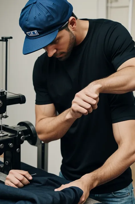 The guy sews with a blue cap on his head and a black t-shirt