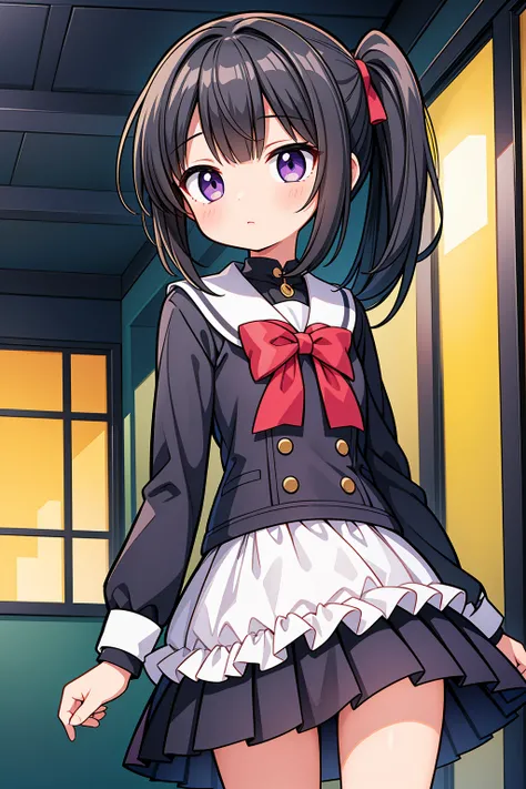 (High quality), (masterpiece), (very detailed), (dynamic lighting), (loli), girl, (very small bust), short black hair, hairstyle with a side ponytail, purple eyes, shy face, showing her thighs, on the school yard, sunny, camera angle from below, adorable e...