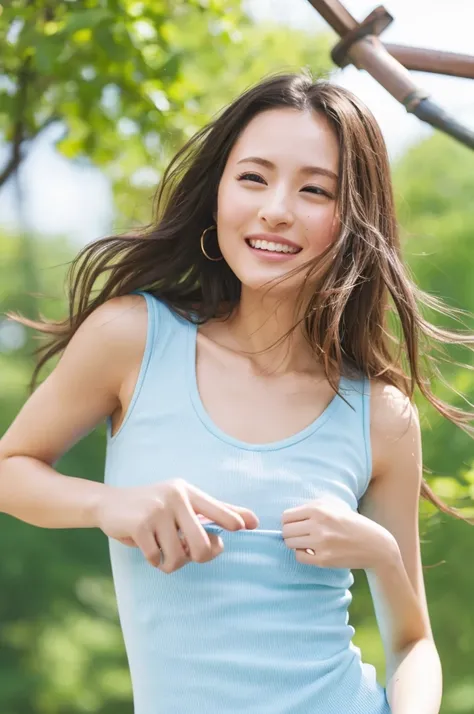 ((high quality、high resolution、masterpiece、Movie screen quality、))、Brown eyes、A sparkle in your eyeagine a woman with shoulder-length hair、Hair has a natural wave、Hair looks as if it is swaying in the wind、Loose-fitting tank top、Simple and elegant design、A...