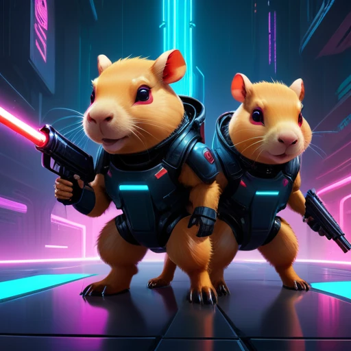 ASCIImasterpiece cartoon of two (((cyberpunk))) cute capybaras  with guns, bionic (prosthetic arm), glowing red eyes, ((futuristic, dystopian, neon colours)), symmetrical, highly detailed, digital painting, artstation, concept art, sharp focus, illustratio...