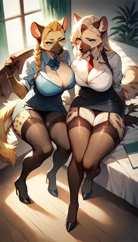 score_9, score_8_up, score_7_up, score_6_up, score_5_up, score_4_up, (two girls) lying down on the bed, squatting on the top, female anthro hyena, secretary clothes, skirt, high heels, lusty, fluffy body, long blond hair, turquoise eyes, (thick thighs:1.5)...