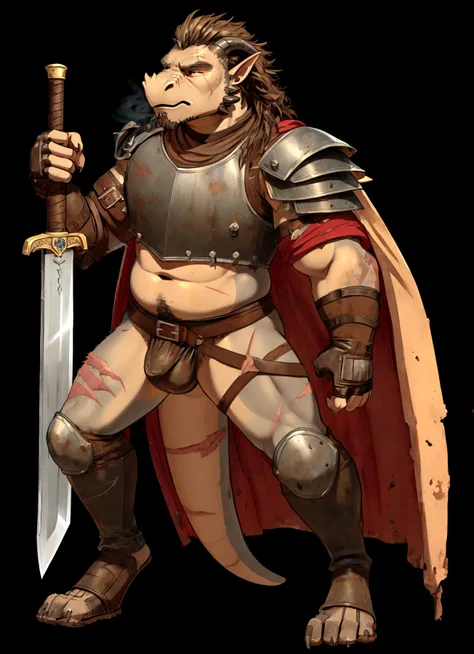 Solo Sexy young anthro scalie dragon male mercenary medieval solider, slim endomorph muscular, anthro handsome gay shorter muzzle, handsome gay model male apperance, sword scars, worn out leather skimpy armament, low on hips heavy leather belt, old very wo...