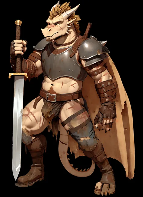 Solo Sexy young anthro scalie dragon male mercenary medieval solider, slim endomorph muscular, anthro handsome gay shorter muzzle, handsome gay model male apperance, sword scars, worn out leather skimpy armament, low on hips heavy leather belt, old very wo...