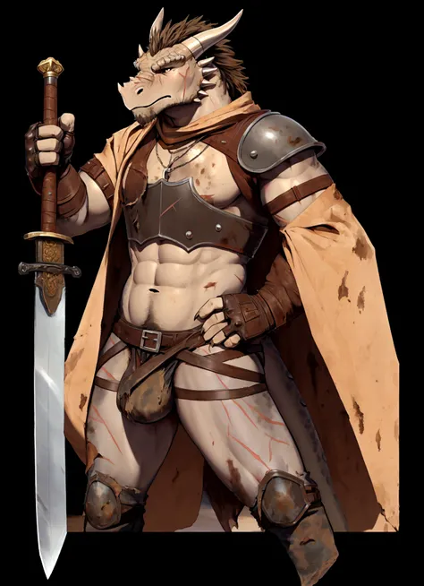 Solo Sexy young anthro scalie dragon male mercenary medieval solider, slim endomorph muscular, anthro handsome gay shorter muzzle, handsome gay model male apperance, sword scars, worn out leather skimpy armament, low on hips heavy leather belt, old very wo...