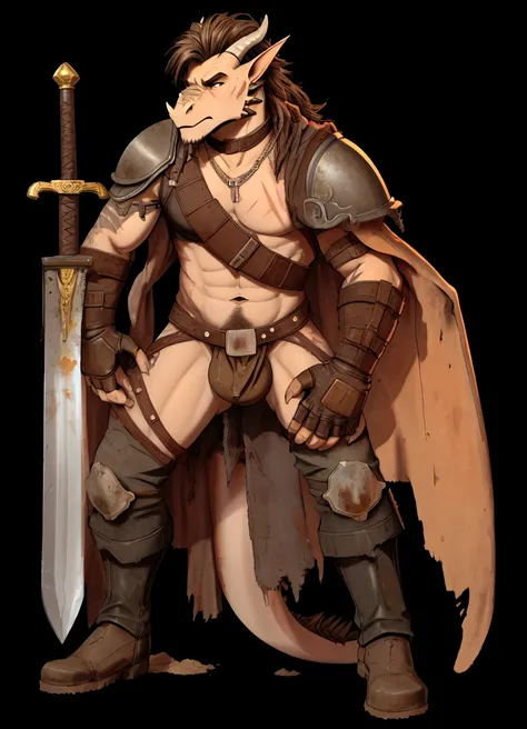 Solo Sexy young anthro scalie dragon male mercenary medieval solider, slim endomorph muscular, anthro handsome gay shorter muzzle, handsome gay model male apperance, sword scars, worn out leather skimpy armament, low on hips heavy leather belt, old very wo...