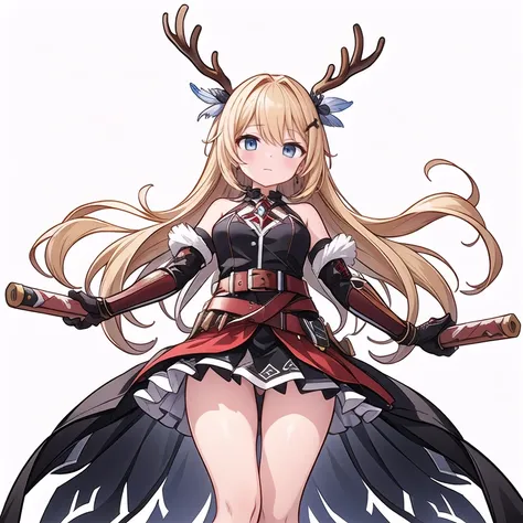 threatened, (((1 girl))),1 girl, standing alone, long hair, missiles, basic, black backdrop, elsword, thicc thighs, containment, missilesduras, overskirt, hair ornament, mitts, booties, antlers, feathered basic, containment missiles, feathers, dual wield, ...