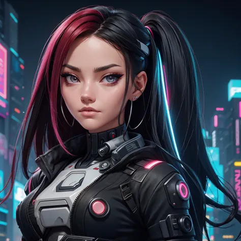 Accamary4, a closeup of a woman with half red half black hair and a choke, Beautiful cyberpunk girl face, Retrato Hermosa Ski - FI Girl, fashion futuristic woman, The portrait of the cyberpunk girl, Portrait of a female android, linda chica cyborg, Portrai...