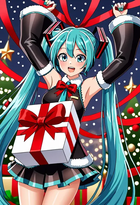 ((high quality:1.2)), 8k, extremely detailed, ((High detail:1.2)), source_anime, Solo, 1girl, (Hatsune Miku), a girl with 18 years old, (gift ribbons),