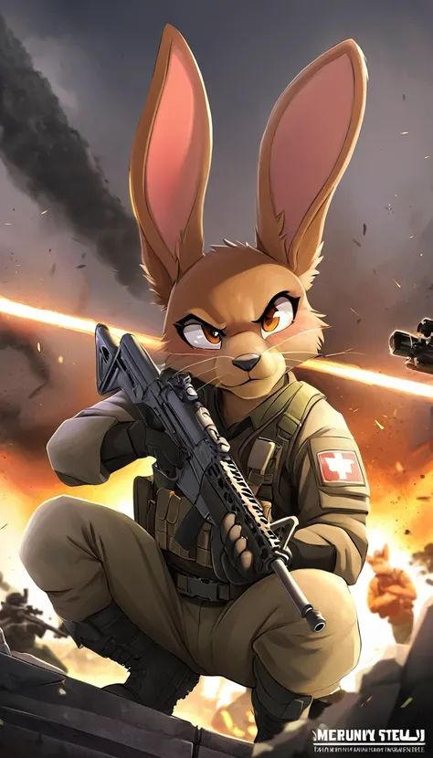 An anthro-modern warfare anime style bunny goddess mercenary medic prepares for action, crouching behind cover with a submachine gun in a firing position. Light equipment and a medical bag are slung over the bunnys back, ready for any situation. With alert...