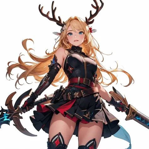 threatened, (((1 girl))),1 girl, standing alone, long hair, missiles, basic, black backdrop, elsword, thicc thighs, containment, missilesduras, overskirt, hair ornament, mitts, booties, antlers, feathered basic, containment missiles, feathers, dual wield, ...