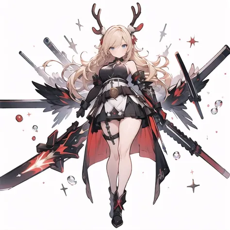 threatened, (((1 girl))),1 girl, standing alone, long hair, missiles, basic, black backdrop, elsword, thicc thighs, containment, missilesduras, overskirt, hair ornament, mitts, booties, antlers, feathered basic, containment missiles, feathers, dual wield, ...