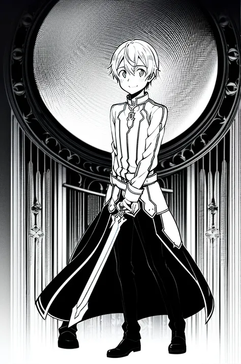 eugeo (sword art online), looking at viewer, 1 boy, masterpiece, happy, 4k, black and white, 4k, full body, high quality, sad lo...