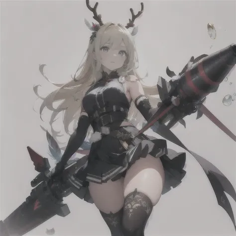 threatened, (((1 girl))),1 girl, standing alone, long hair, missiles, basic, black backdrop, elsword, thicc thighs, containment, missilesduras, overskirt, hair ornament, mitts, booties, antlers, feathered basic, containment missiles, feathers, dual wield, ...