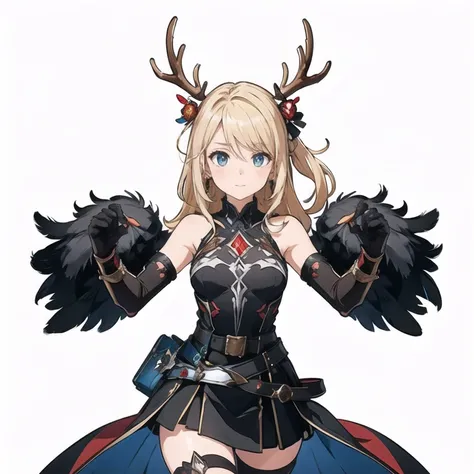 threatened, (((1 girl))),1 girl, standing alone, long hair, missiles, basic, black backdrop, elsword, thicc thighs, containment, missilesduras, overskirt, hair ornament, mitts, booties, antlers, feathered basic, containment missiles, feathers, dual wield, ...