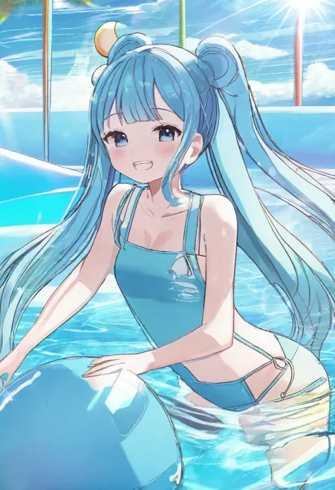 summer sky　summer sunshine　beautiful girl playing in the pool　light blue long hair　beautiful girl with twin tails　one piece swim...