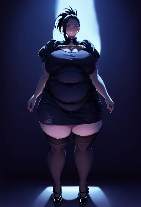 Momo Yaoyorozu from My hero academia, girl fat, obese body, big belly, sexy, stockings, black hair, short night dress, night club, night, dark dress, black dress, black stockings, black and black shoes, dramatic lighting, (Masterpiece:1.2), best quality, h...