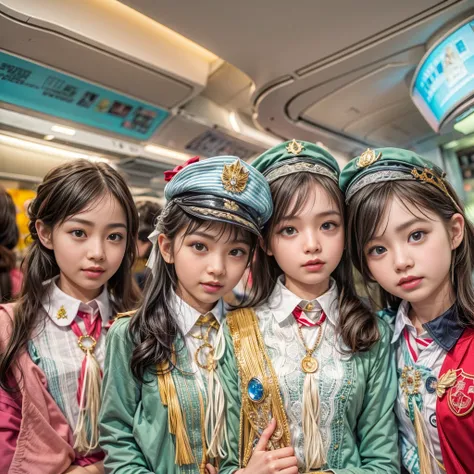 KAWAII girls in Kidzania trying on a flight attendant uniform, extremely detailed eyes and face, beautiful detailed lips, longeyelashes, intricate costume details, realistic lighting, (best quality,4k,8k,highres,masterpiece:1.2),ultra-detailed,(realistic,p...