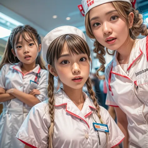 KAWAII girls in Kidzania trying on a Nurse uniform, extremely detailed eyes and face, beautiful detailed lips, longeyelashes, intricate costume details, realistic lighting, (best quality,4k,8k,highres,masterpiece:1.2),ultra-detailed,(realistic,photorealist...