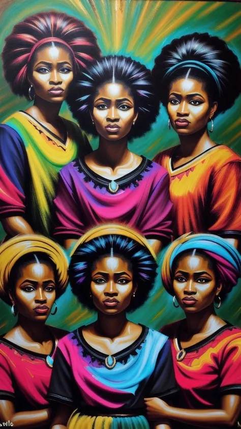 sureal abstract painting of the 3 african muses, oil on canvas