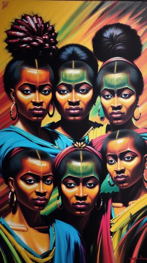 sureal abstract painting of the 3 african muses, oil on canvas