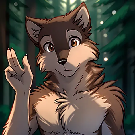 by Jay Naylor, by Jay_Naylor, ,, brutus-twokinds, twokids, (best quality, masterpiece:1), solo, furry male anthro, brown eyes, light brown fur, dark blue fur, two tone brown body ,portrait, fingers, finger claws, looking at viewer, wolf tail, strong, (outd...