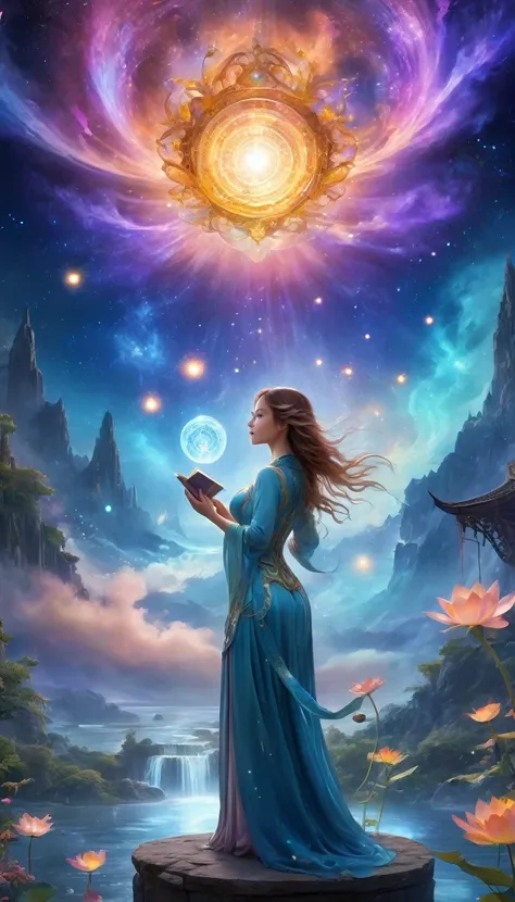 Magical World，(1 Girl trapped in a cosmic vortex nebula:1.5)，Rendered with the Cosmic Beach Swirl engine，(Detailed facial features)，(Beautiful facial features)，Ancient and mysterious castle，Purple Stone，gemstone decoration，glowing plant，Silver Creek，colore...