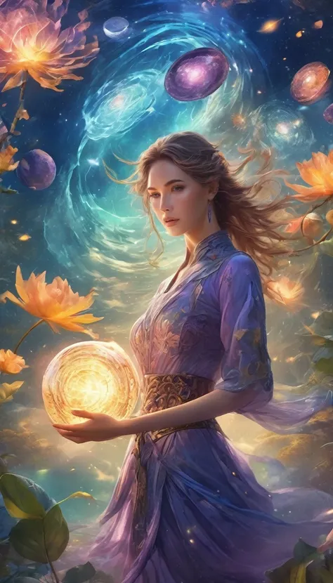 Magical World，(1 Girl trapped in a cosmic vortex nebula:1.5)，Rendered with the Cosmic Beach Swirl engine，(Detailed facial features)，(Beautiful facial features)，Ancient and mysterious castle，Purple Stone，gemstone decoration，glowing plant，Silver Creek，colore...