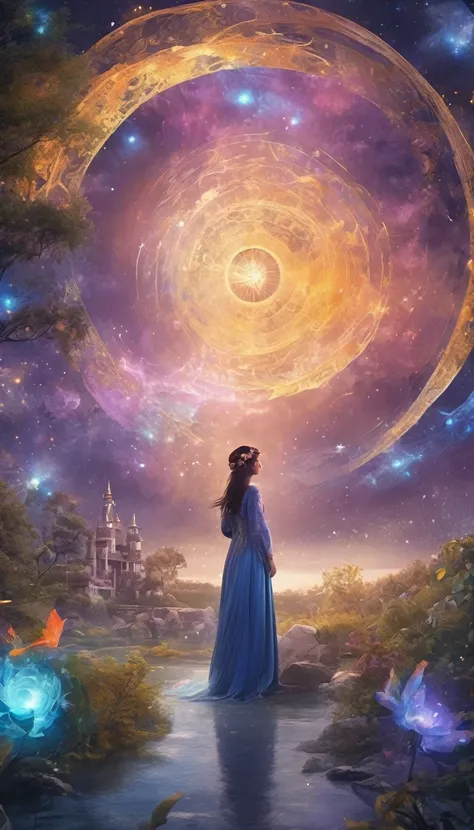 Magical World，(1 Girl trapped in a cosmic vortex nebula:1.5)，Rendered with the Cosmic Beach Swirl engine，(Detailed facial features)，(Beautiful facial features)，Ancient and mysterious castle，Purple Stone，gemstone decoration，glowing plant，Silver Creek，colore...