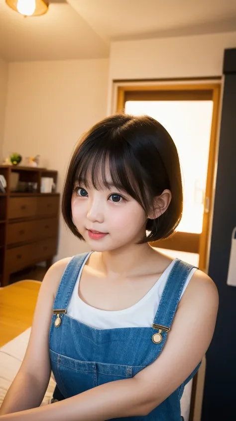 (1 young girl)、(Beautiful Japanese、10 years old,Round face、refresh、clear、Seems kind、stylish、Pathetic、cute like an angel、cute、iris、,actress,Almond-shaped eyes), Good style , (Beautiful big boobs:1.0),(Soft Breasts),(very cute),(Black Hair),(Short Bob Hair),...