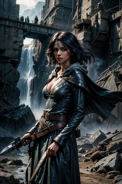 MariaCalavera, dark skin, black hair, short hair, silver eyes, dress, cleavage, cape, belts, hood, cowboy shot, (dynamic pose), standing in city ruins on hill, in valley, BREAK mountains in background, waterfall, crowd, (crowd in military uniform), post-ap...