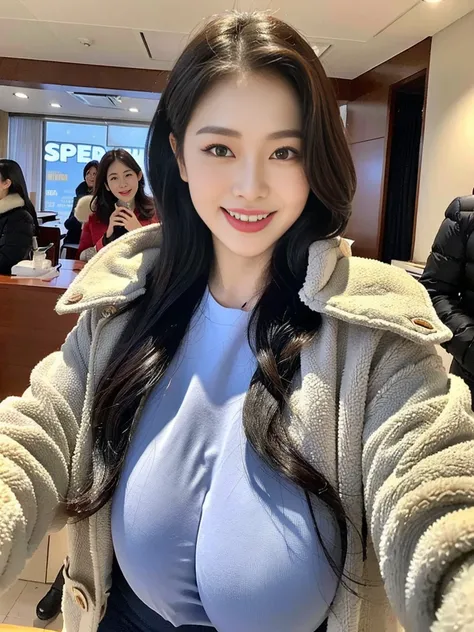 (Commemorative photo of super sexy Korean aunty wearing sexy winter clothes:1.2)(grin,Smile)(Beautiful Sweat:1.1)(16K, RAW Photos, Highest quality, masterpiece: 1.2),(Beautiful curly black hair:1.2) Super detailed, Super Resolution, (Genuine, Genuine photo...